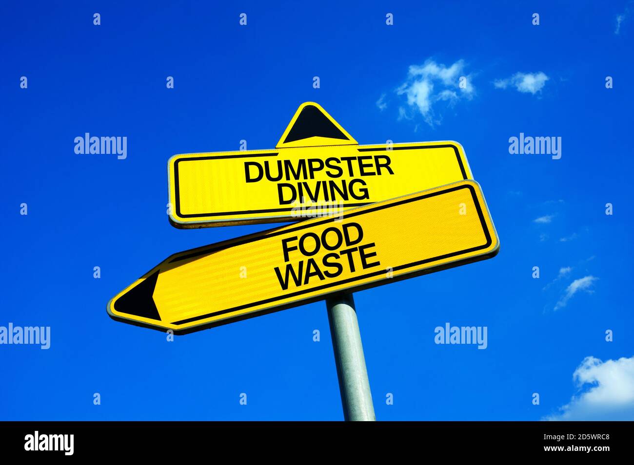 Dumpster Diving vs Food Waste Traffic sign with two options throw