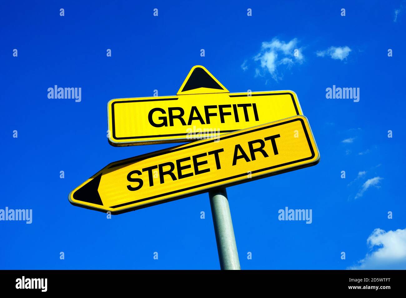 Graffiti vs Street Art Traffic sign with two options illegal, vandalistic and rebellious