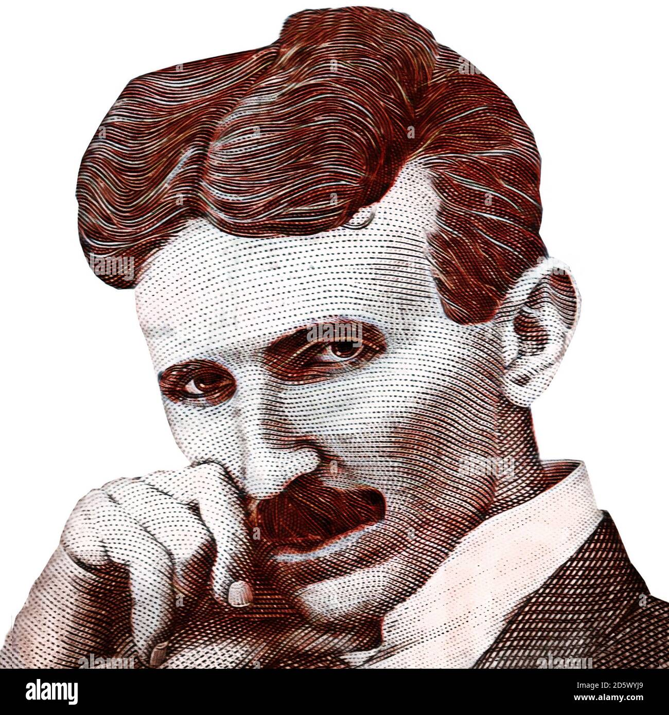 World famous inventor Nikola Tesla monochrome portrait close up isolated on white background Stock Photo