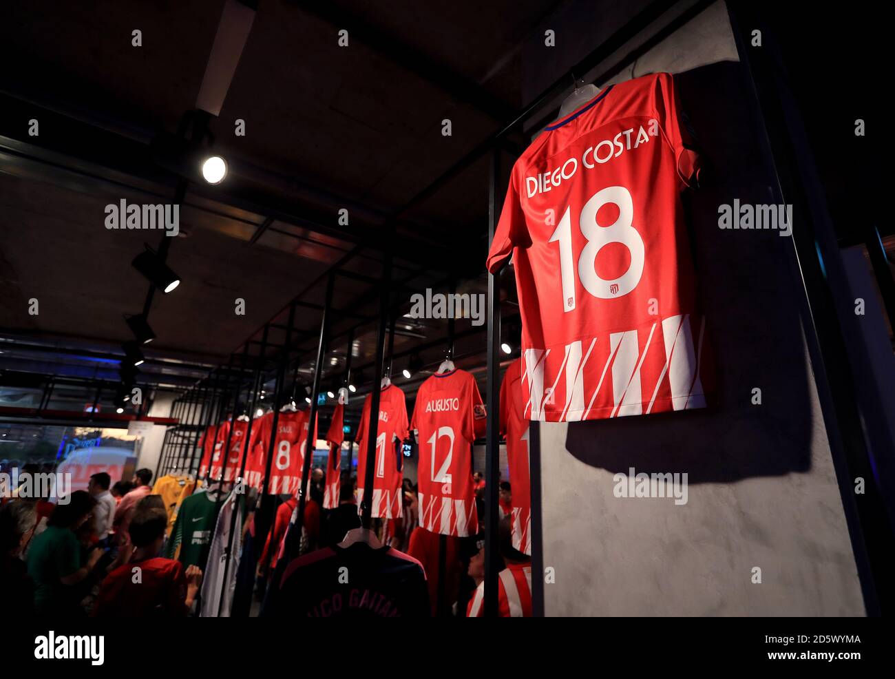 A shirt of new Atletico Madrid signing Diego Costa on sale in the club shop at the Wanda Metropolitano Stock Photo