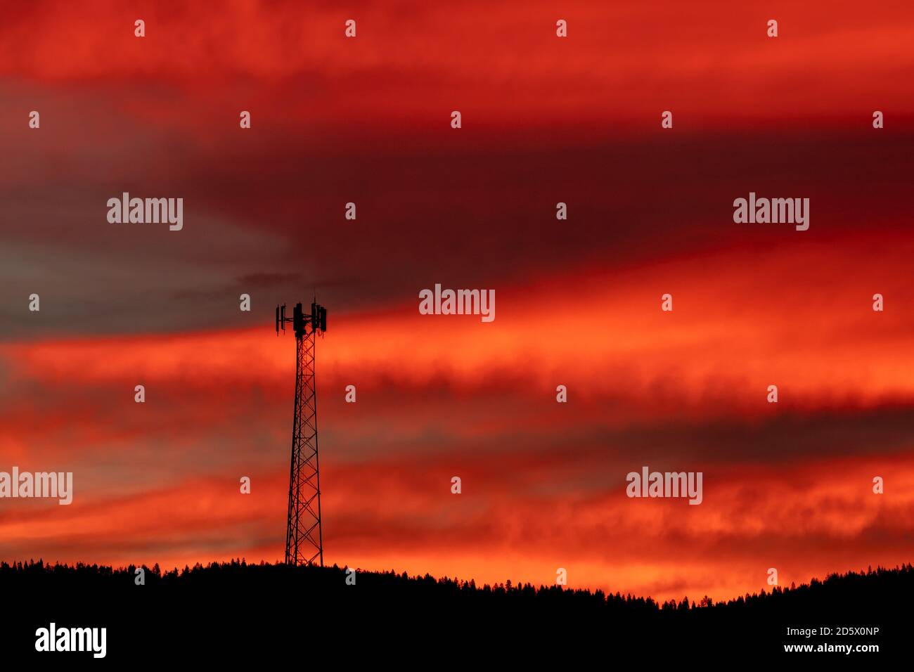 Beautiful Clouds in this Cell Tower Sunrise Landscape. Oregon, Ashland, Cascade Siskiyou National Monument, Fall Stock Photo