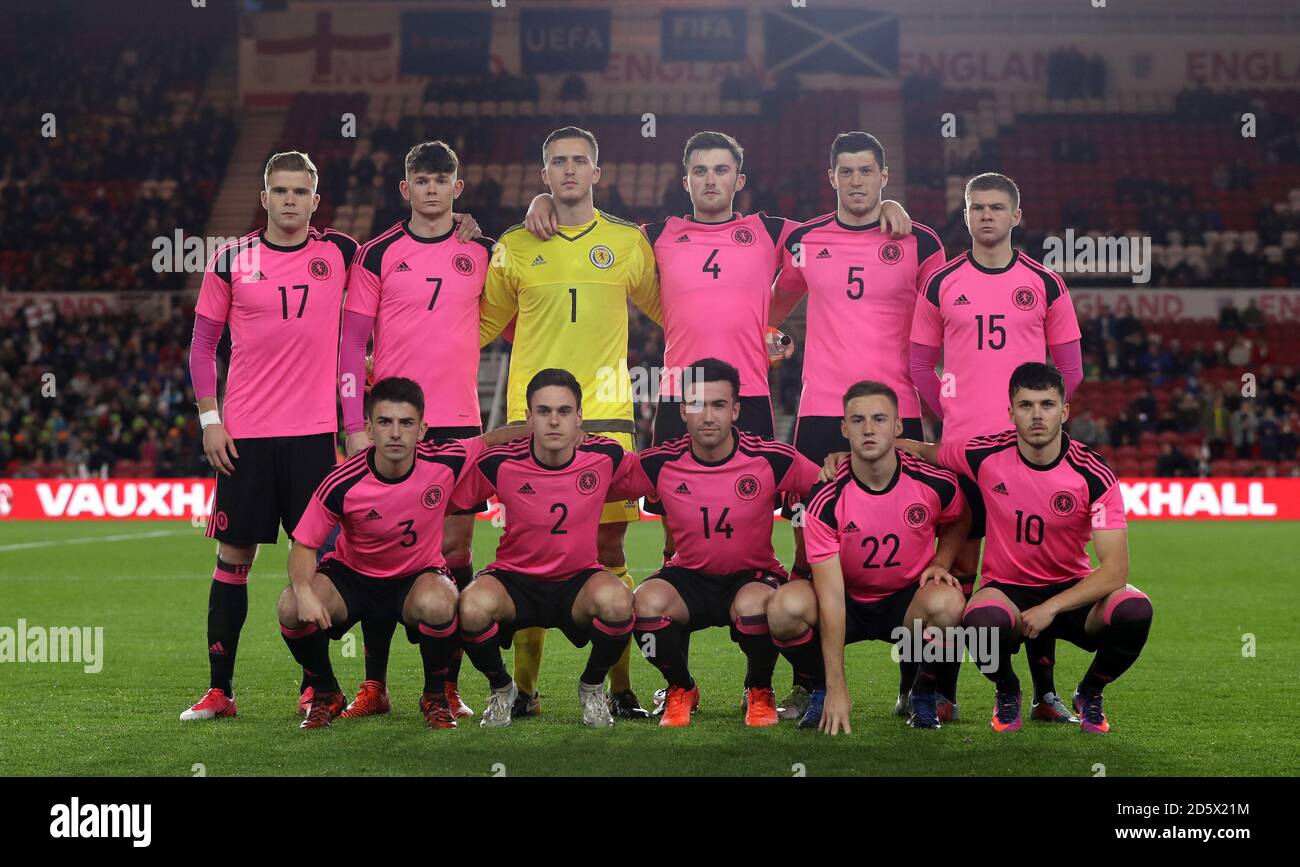 Scotland team group. Top Row (left to right) Chris Cadden, Oliver Burke, Ryan Fulton, John Souttar, Scott McKenna and Dominic Thomas. Bottom Row (left to right) Greg Taylor, Liam Smith, Stephen Mallan, Allan Campbell and  Lewis Morgan  Stock Photo