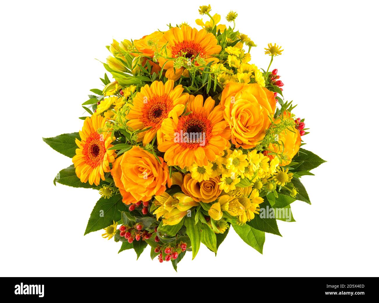 Autumnal flowers bouquet with yellow and orange helenium, peruvian lilies, rose and gerber blossoms, myrtles, top view isolated on white background Stock Photo