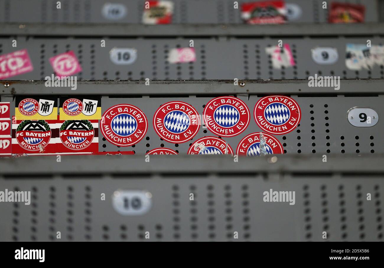 Stickers from the Bayern Munich ultras stuck to seats in the stands before  the game Stock Photo - Alamy
