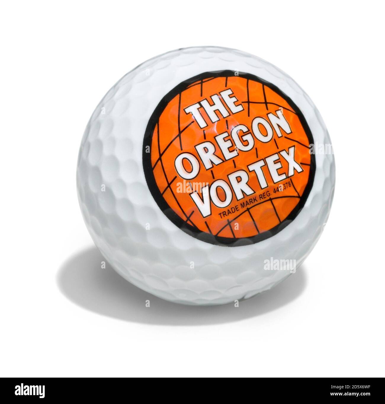 The Oregon Vortex golf ball photographed on a white background