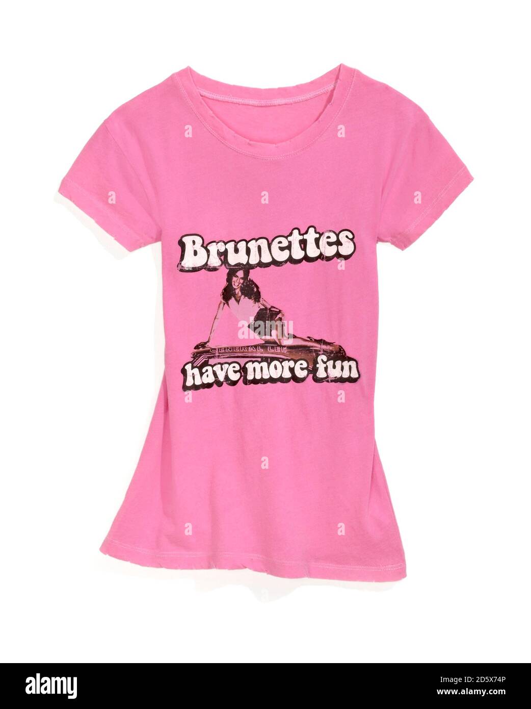 Pink brunettes have more fun t-shirt photographed on a white background Stock Photo