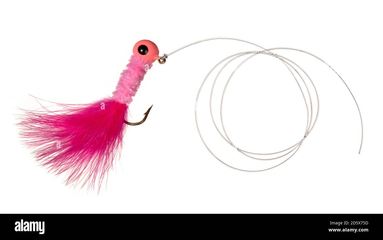 hot pink fishing lure on a fishing line photographed on a white background  . .  Stock Photo - Alamy