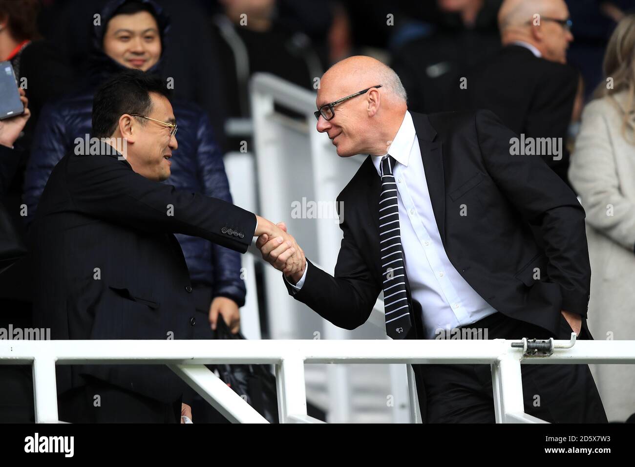 Derby County Owner Melvyn Morris (right) greets Sheffield Wednesday owner Dejphon Chansiri Stock Photo