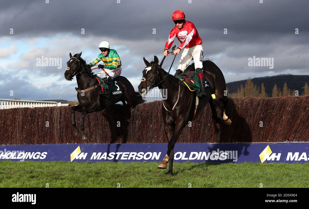 Foxtail Hill ridden by Sam Twiston-davies jumps the last with Le Prezien ridden by Barry Geraghty in the Randox Health Handicap Steeple Chase during day two of the Showcase at Cheltenham Racecourse Stock Photo