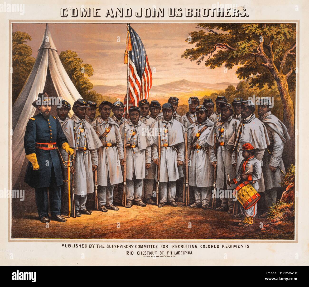 Poster published by the Supervisory Committee for Recruiting Colored Regiments titled Come and Join Us Brothers, Philadelphia, Pennsylvania, 1863. Stock Photo