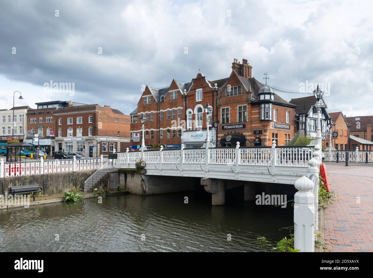 Tonbridge High Street in Kent with the River Medway flowing through