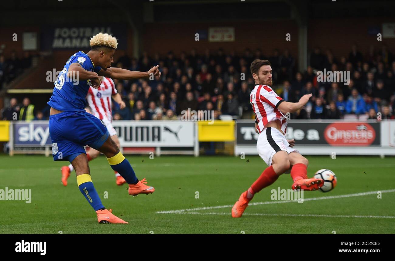 AFC Wimbledon's Lyle Taylor scores their first goal Stock Photo