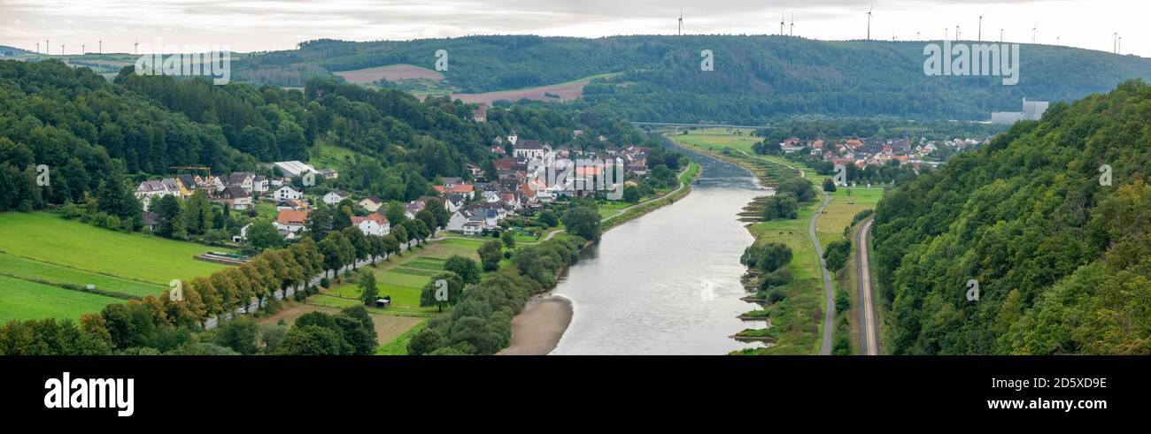 Germany, Weser, View from Weser-Skywalk of the Hannover cliffs towrads the Villages of Herstelle an Würgassen Stock Photo