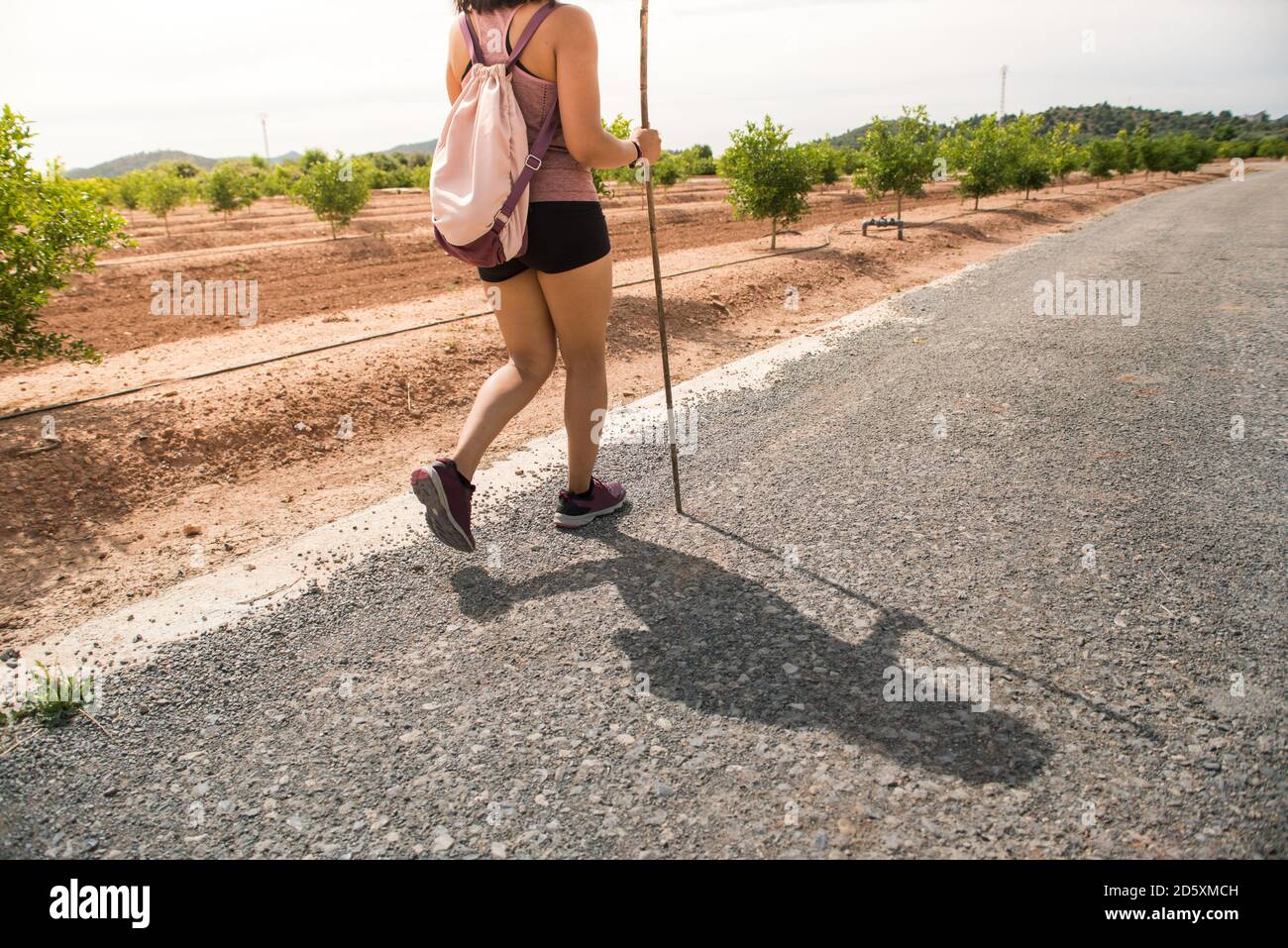 Rear view of young woman walking on the road. Concept of hiking tourism ...