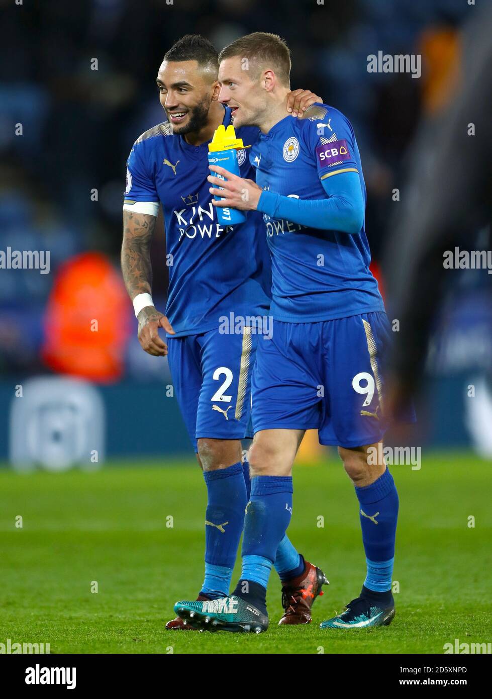 Leicester City S Danny Simpson Left And Leicester City S Jamie Vardy Celebrate After The Final Whistle Stock Photo Alamy