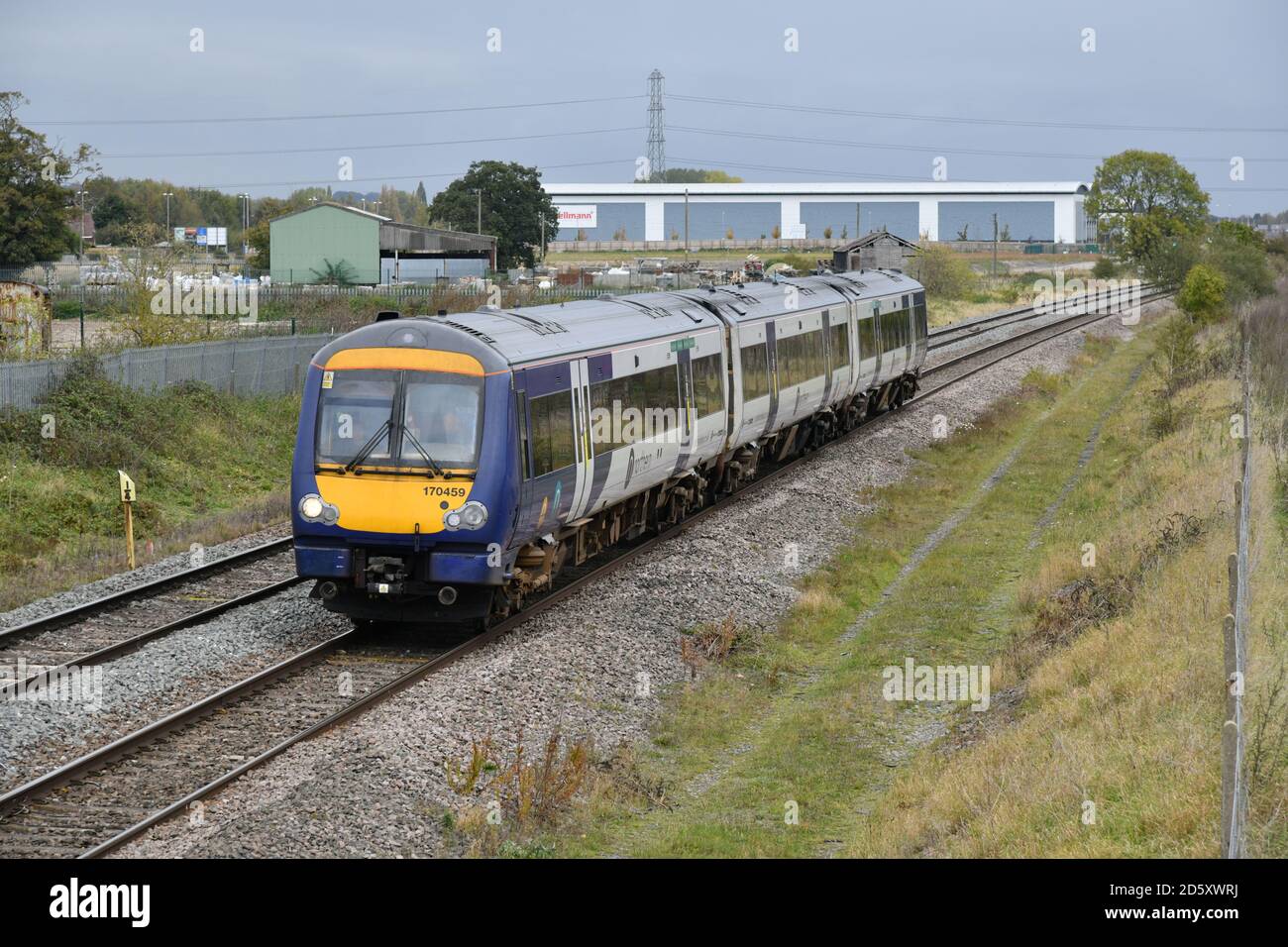 Northern Trains Class 170 Turbostar 170459 in unusual surroundings as it nears its destination of Bombardier's Central Rivers Depot on 13 October 2020 Stock Photo