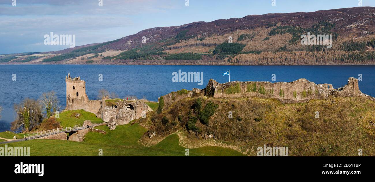 Great Britain, Scotland, Loch Ness, Drumnadrochit, Urquhart Castle in a panoramic view Stock Photo