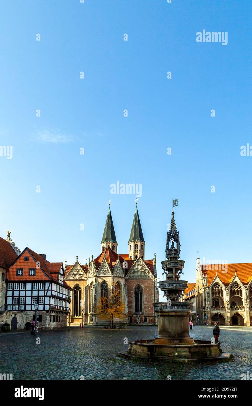 Old town market square, Parish church St. Martini and fountain, Braunschweig, Germany Stock Photo