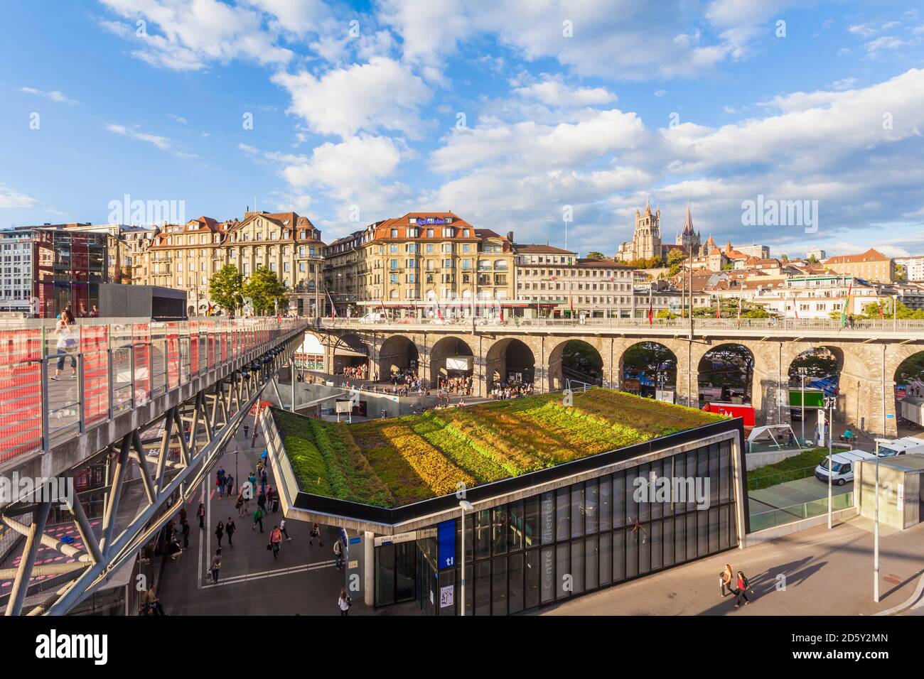 Switzerland, Lausanne, cityscape with train station, bridge Grand-Pont and cathedral Notre-Dame Stock Photo