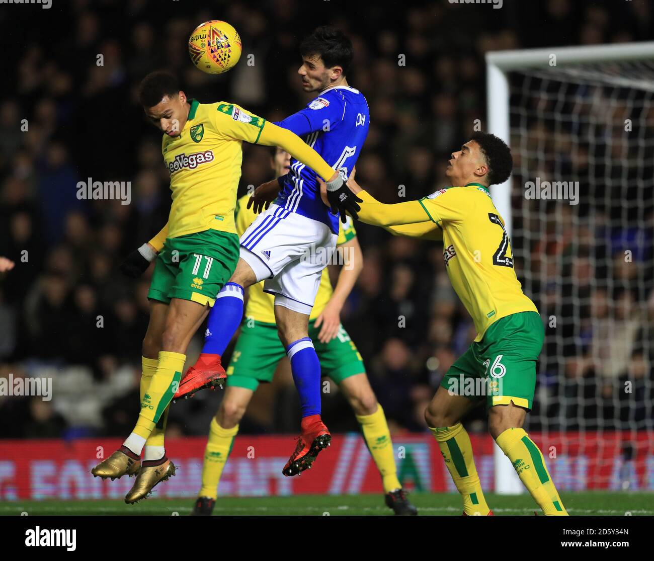 Birmingham City's Maxime Colin and Norwich City's Josh Murphy and Jamal Lewis battle for the ball Stock Photo