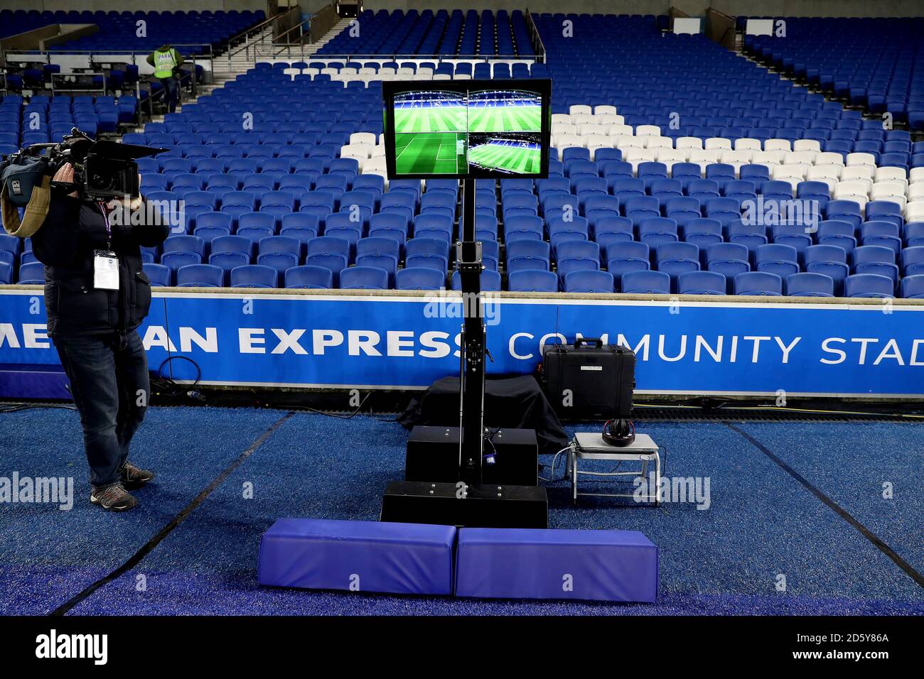 A view of the VAR (Video Assistant Referee) system pitch side at the AMEX Stadium Stock Photo