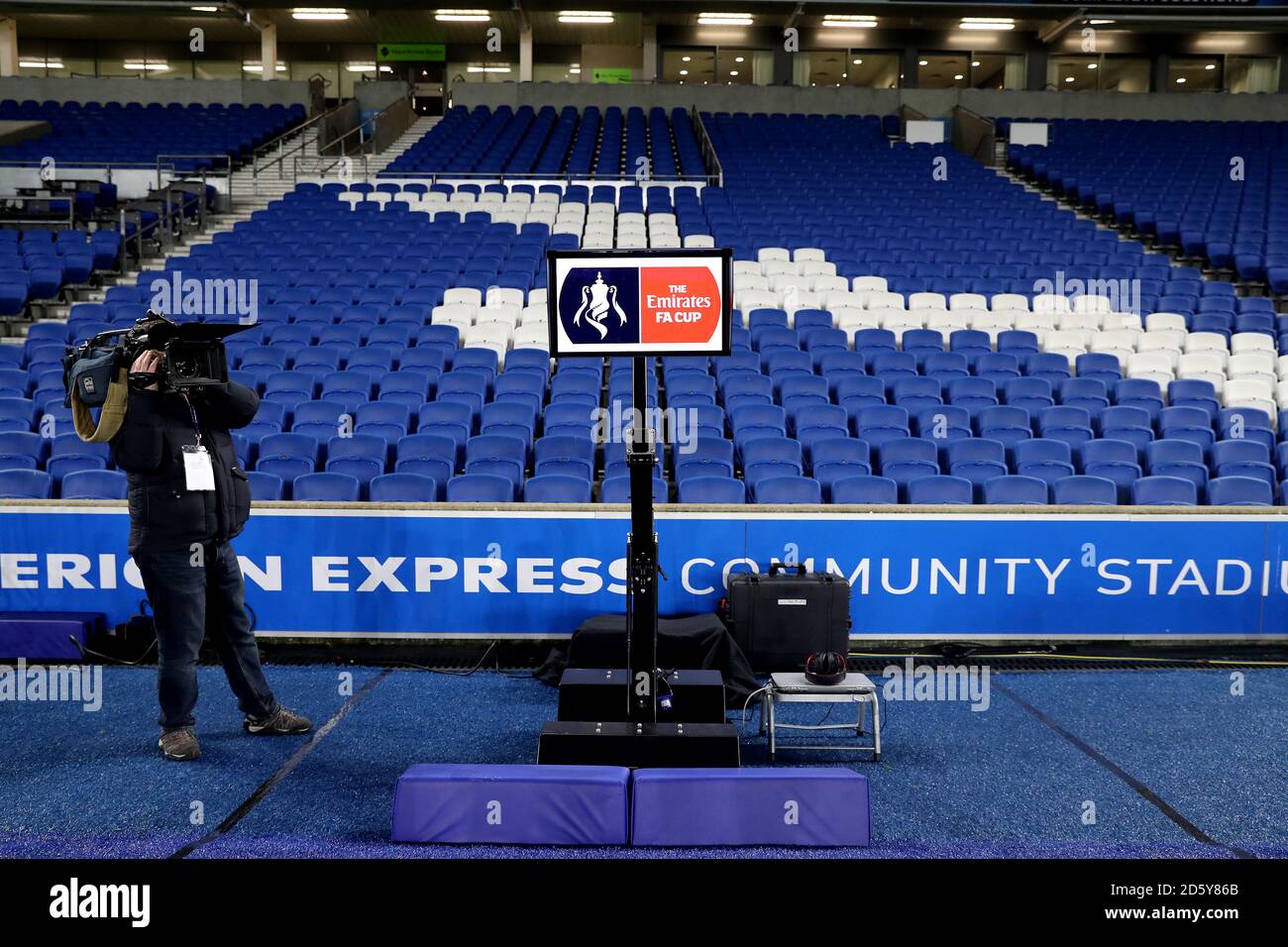 A view of the VAR (Video Assistant Referee) system pitch side at the AMEX Stadium Stock Photo