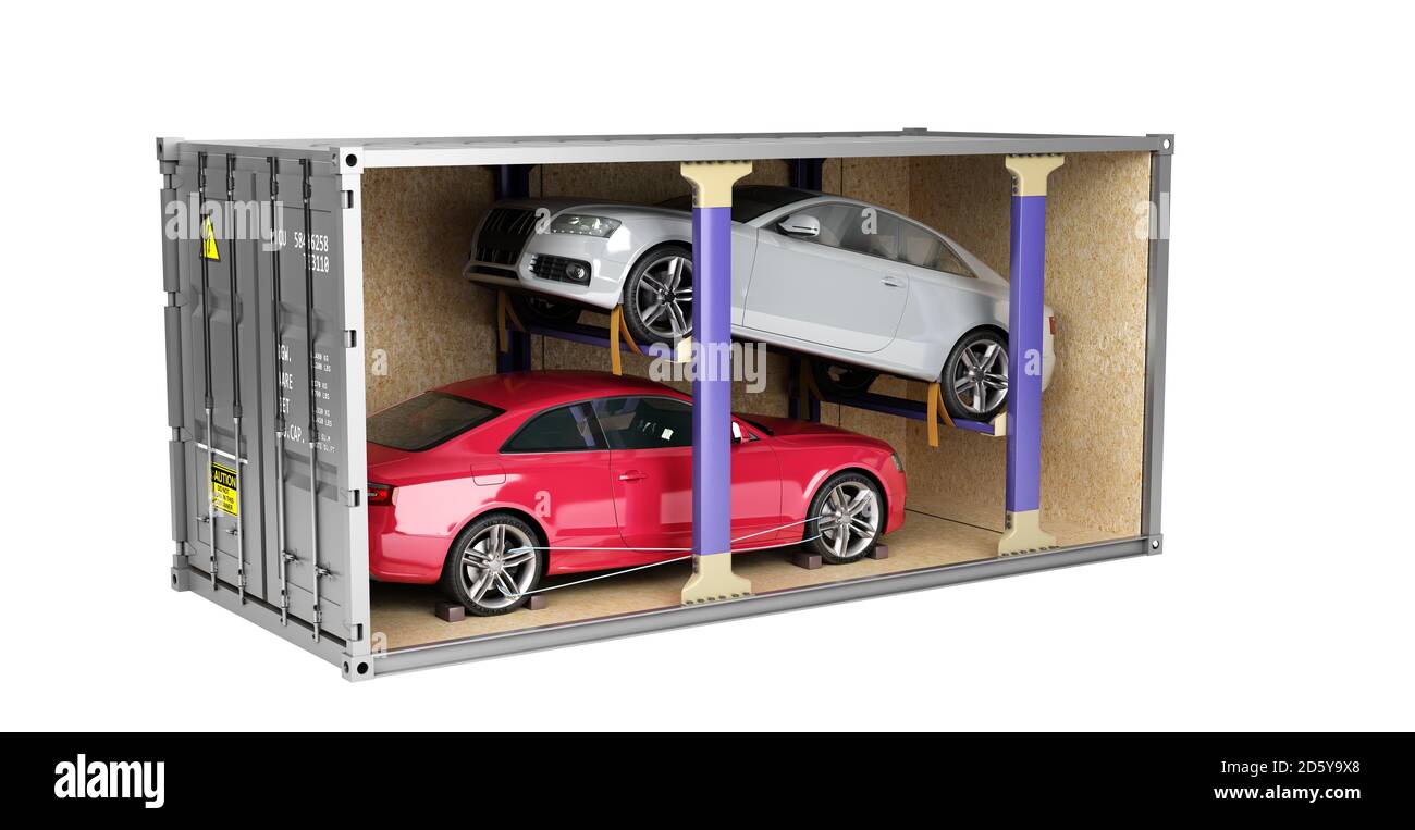 delivery of cars from auctions Cars loaded into a shipping container 3d