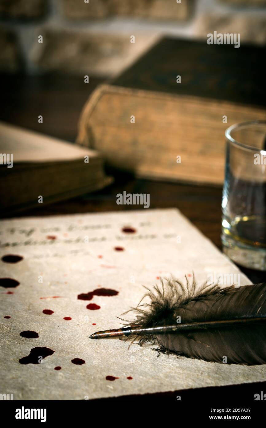 Suicide letter on parchment paper with blood drops and quill Stock Photo