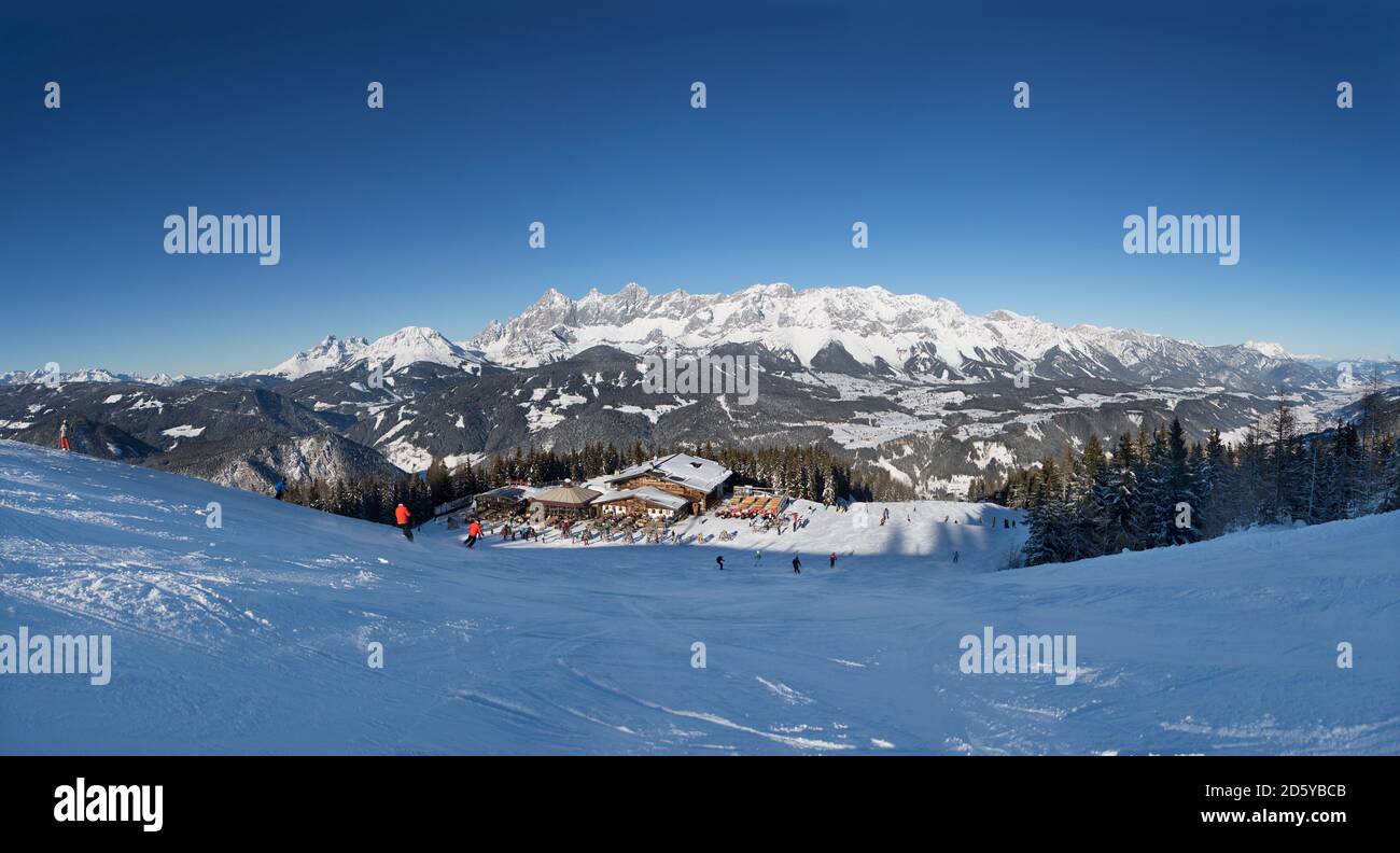 Austria, Styria, Liezen District, Schladming, Gleiming, Reiteralm, ski area, Hochalm, View to Dachstein massif Stock Photo