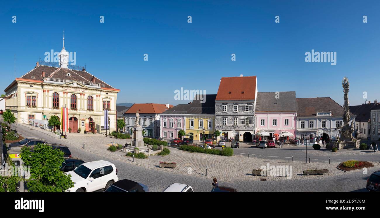 Austria, Lower Austria, Weitra, town hall, Sgraffito house and plague column Stock Photo