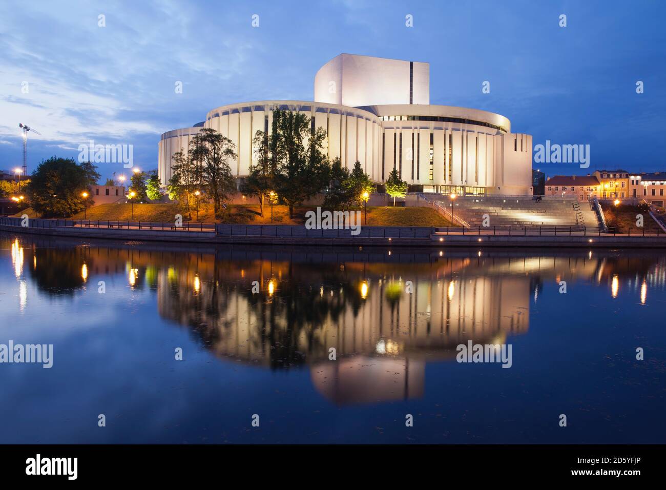 Poland, Bydgoszcz, Opera Nova at dusk and Brda River Stock Photo