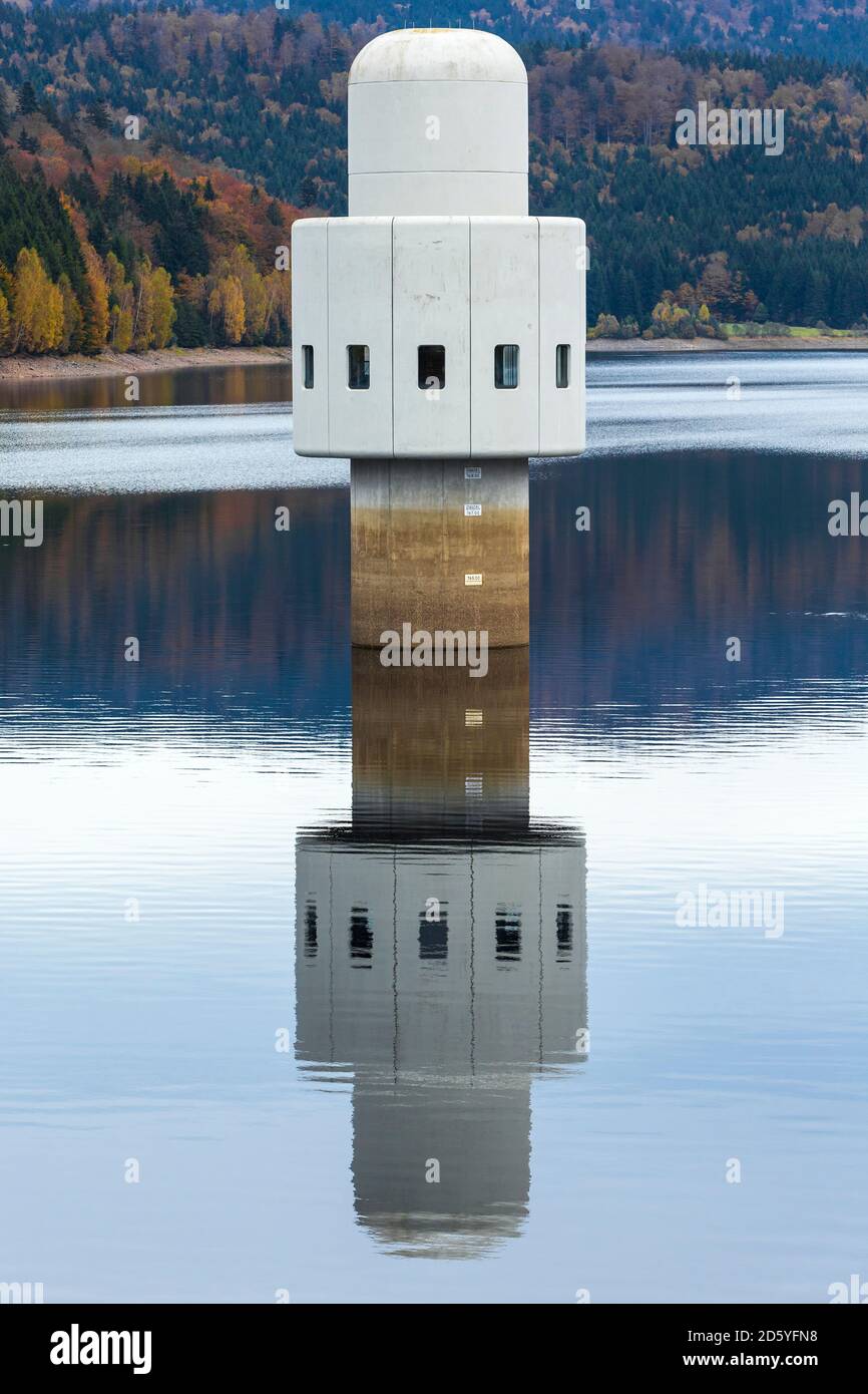Germany, Bavaria, Bavarian Forest National Park, Drinking water reservoir Frauenau, Intake tower Stock Photo