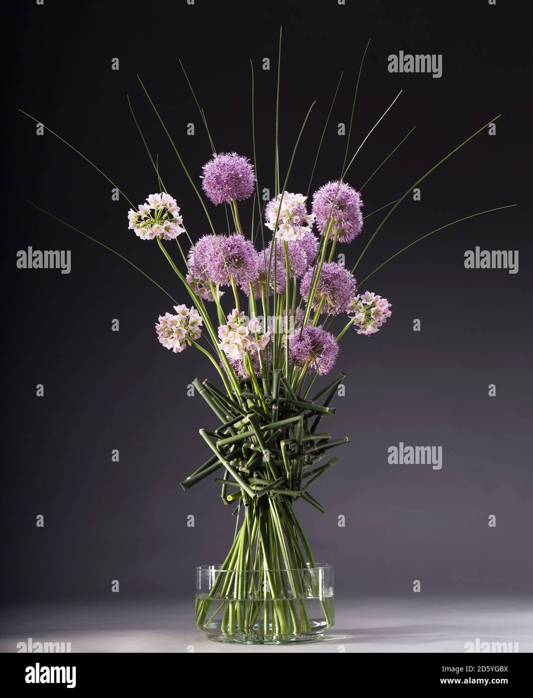 Floral arrangement of Allium, Allium roseum, Equisetum, Xanthorrhoea australis Stock Photo