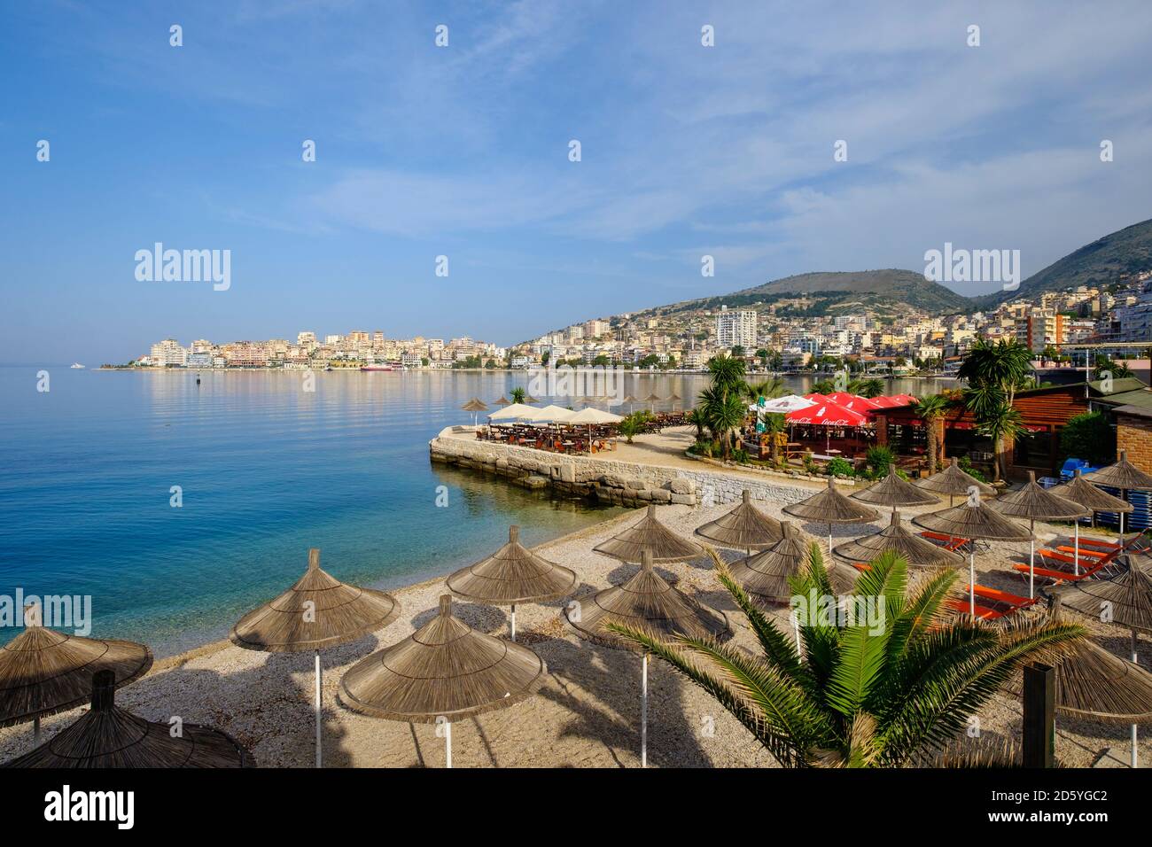 Albania, Vlore County, Saranda, beach and beach promenade Stock Photo