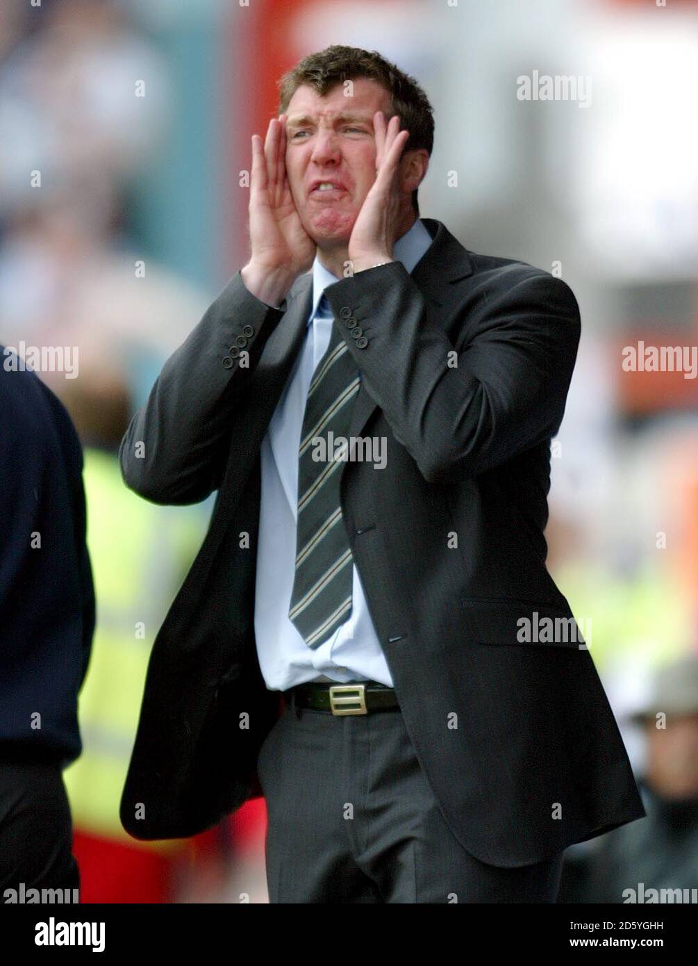 Stockport County's manager Jim Gannon looks a worried man during the game against Carlisle United Stock Photo