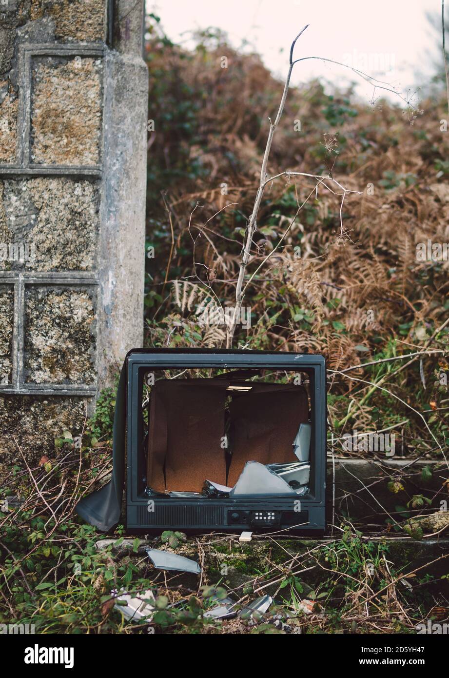 Spain, Galicia, Ferrol, broken Tv in a ruinous place Stock Photo