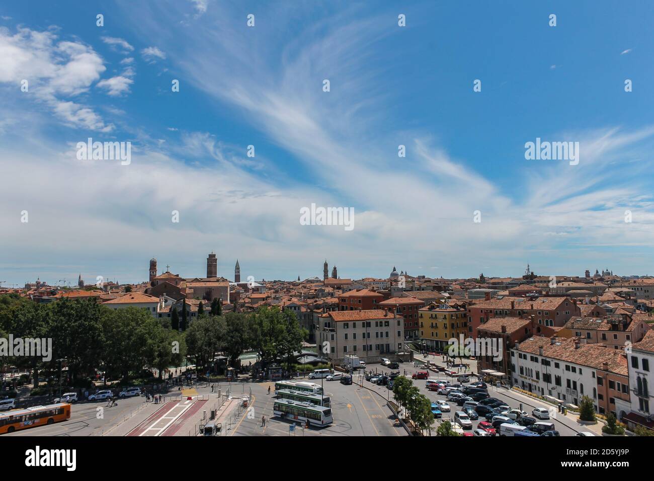 Venice - Italy , July 11, 2014 : Skyline view in Venice, and the Piazzale Roma , square and main bus station ,at the entrance of the city. Stock Photo