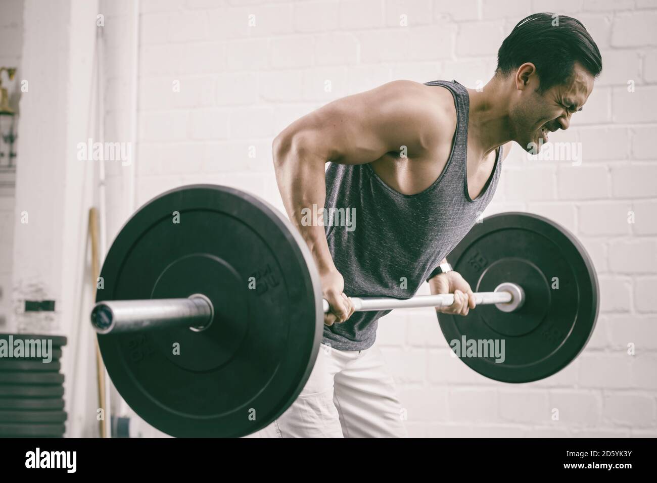 Man in gym lifting weights Stock Photo