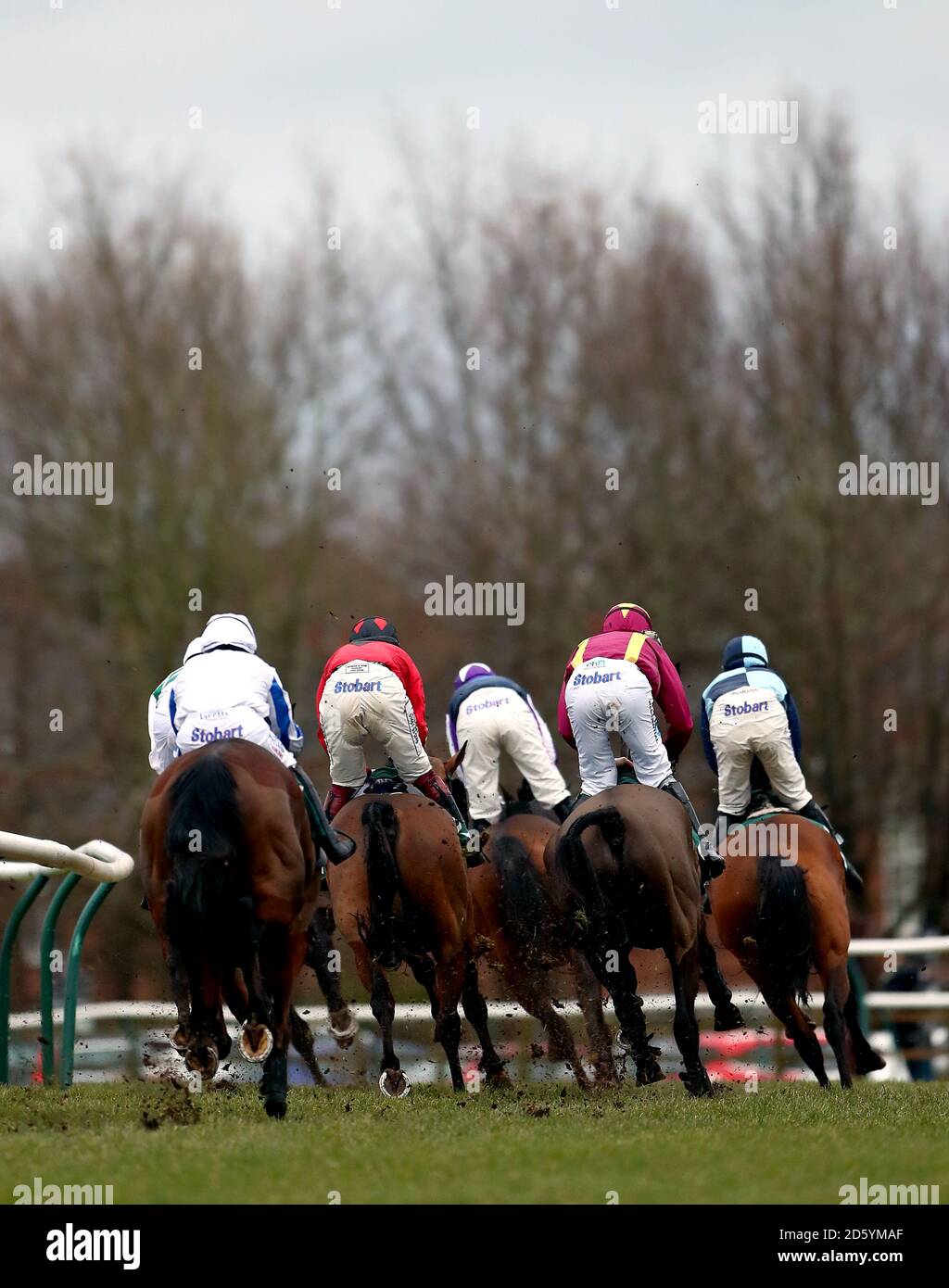 Runners and riders in the All Cheltenham Live On Racing UK Warwick Castle Handicap Chase during Gentlemen's Raceday at Warwick Racecourse Stock Photo