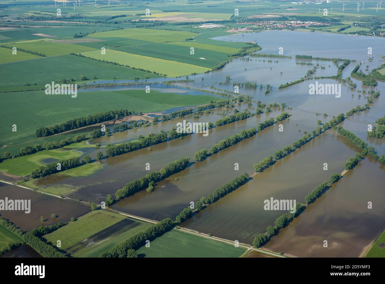 Germany, Straussfurt, aerial view of flooded Unstrut River and detention basin Stock Photo