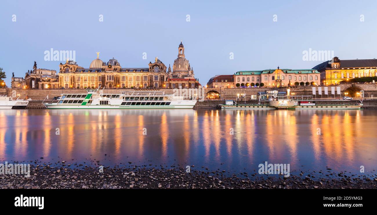 Germany, Dresden, Bruehl's Terrace with paddlesteamer on river Elbe at sunset Stock Photo