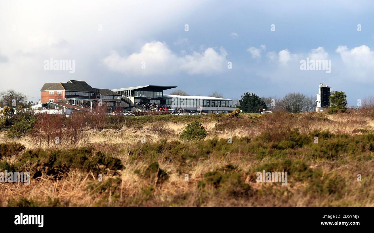 A general view of the grandstand during Super Sunday at Exeter Racecourse Stock Photo