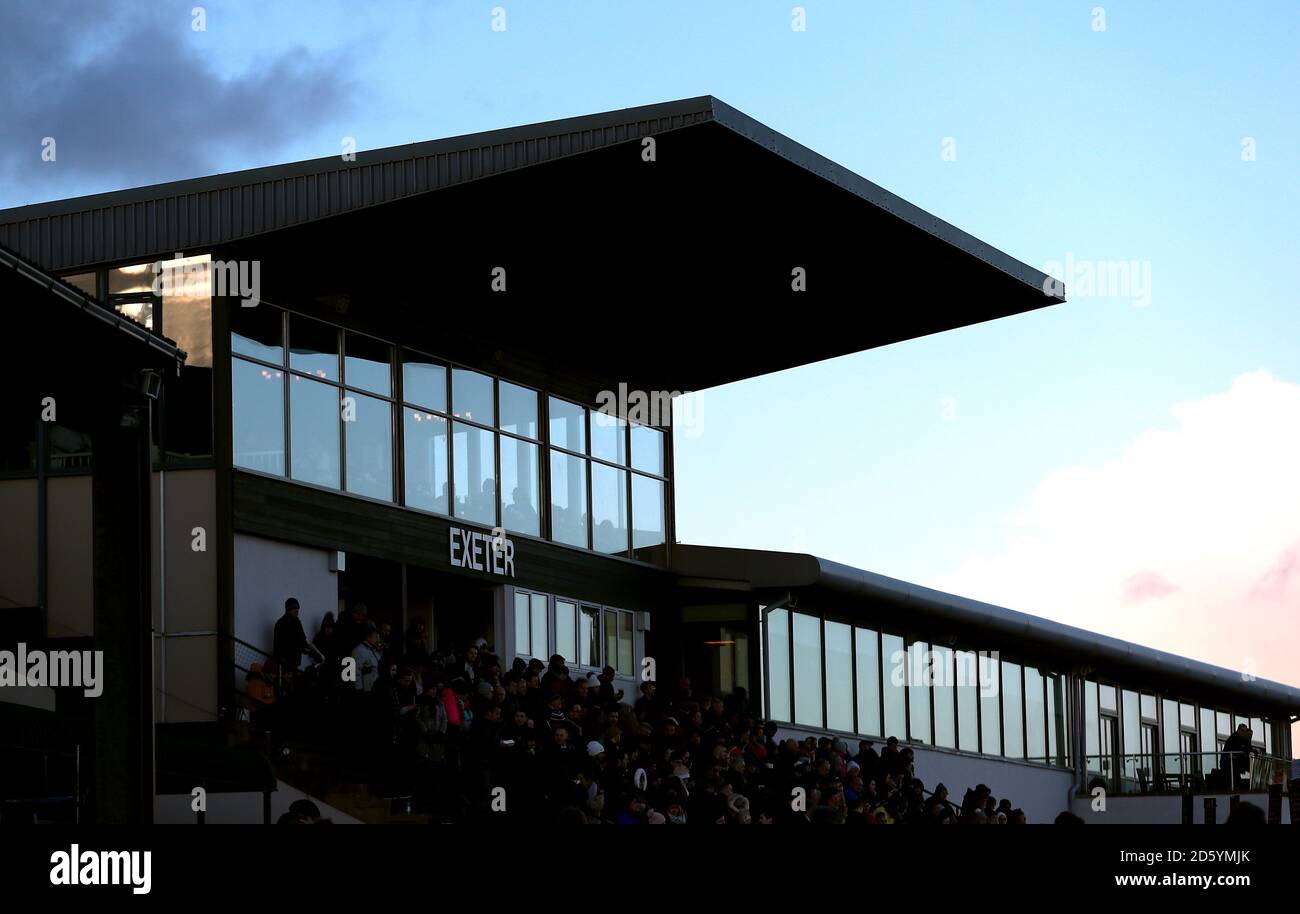 A general view of the grandstand during Super Sunday at Exeter Racecourse Stock Photo