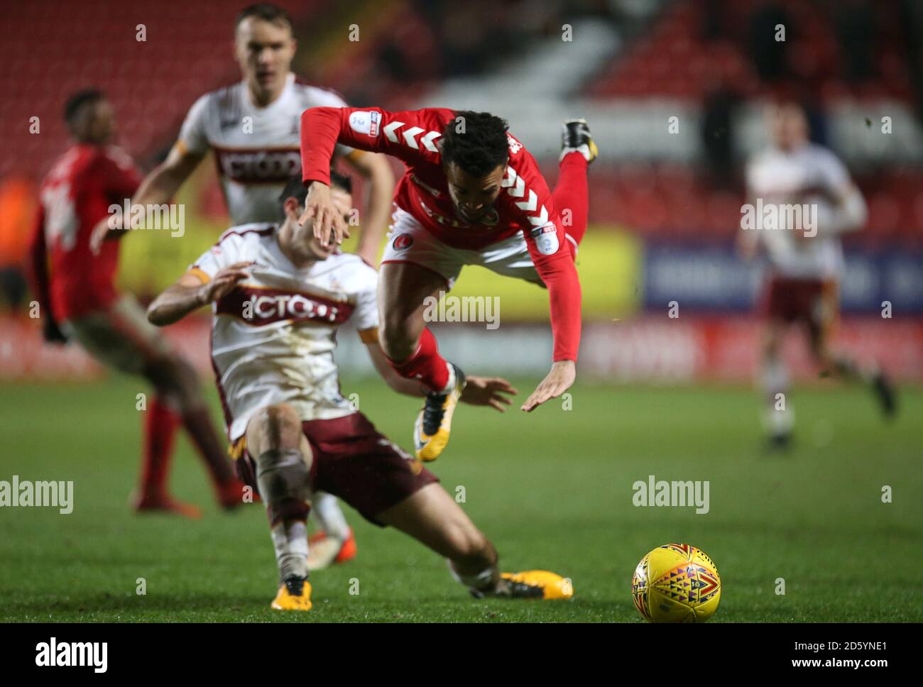 Charlton Athletic's Nicky Ajose tackled by Bradford City Ryan McGowan   Stock Photo