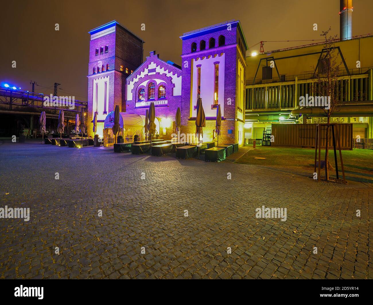Germany, Hesse, Frankfurt, former waterworks, Restaurant in the evening Stock Photo