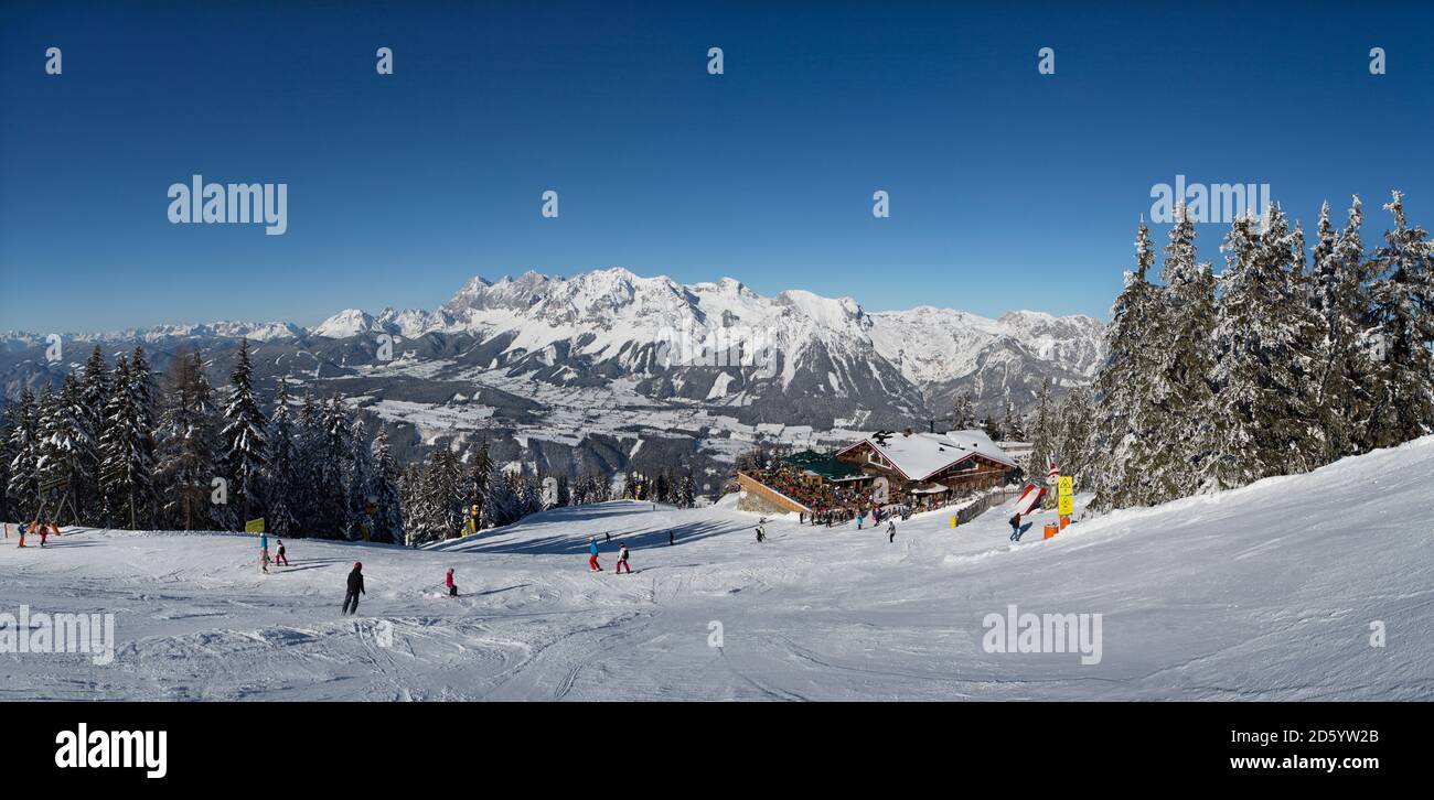 Austria, Styria, Liezen District, Schladming, Planai ski area, Schafalm, View to Dachstein massif Stock Photo