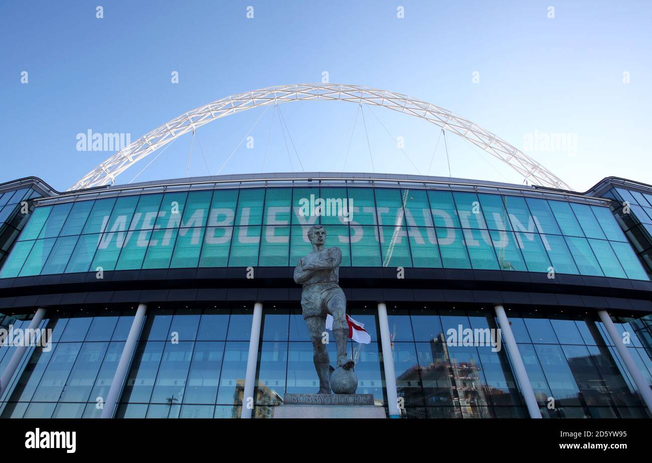 General view of the Bobby Moore Statue outside Wembley Stadium ahead of the match Stock Photo