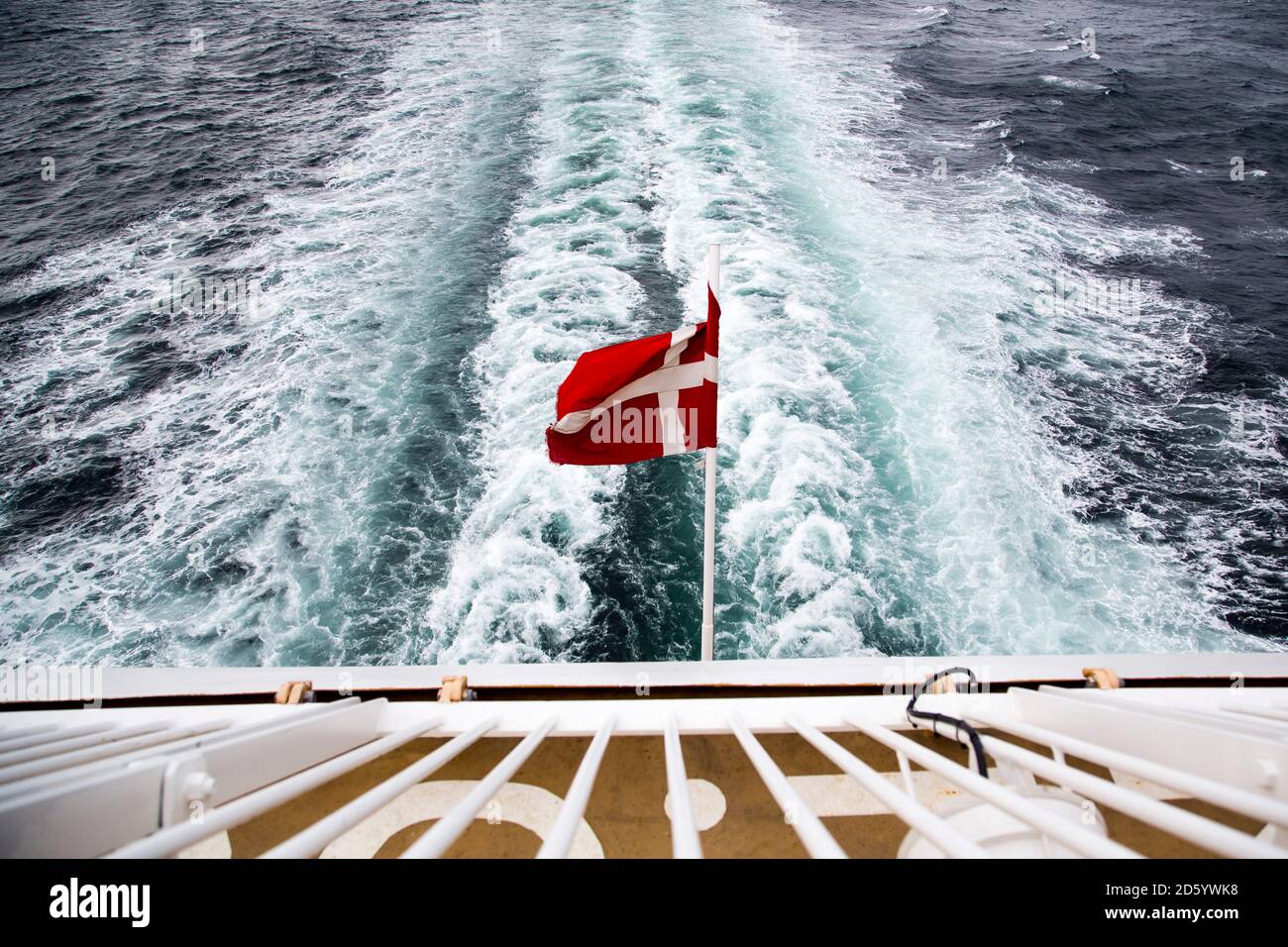Denmark, Danish flag on ferry on the sea Stock Photo