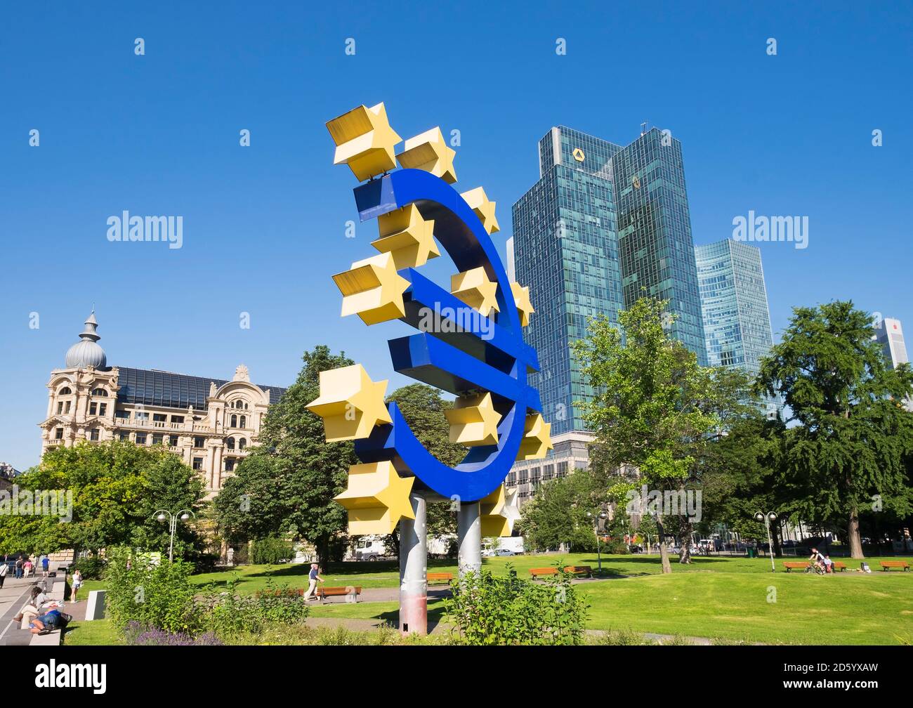 Germany, Frankfurt, Euro sculpture, Fuerstenhof and Gallileo Tower Stock Photo