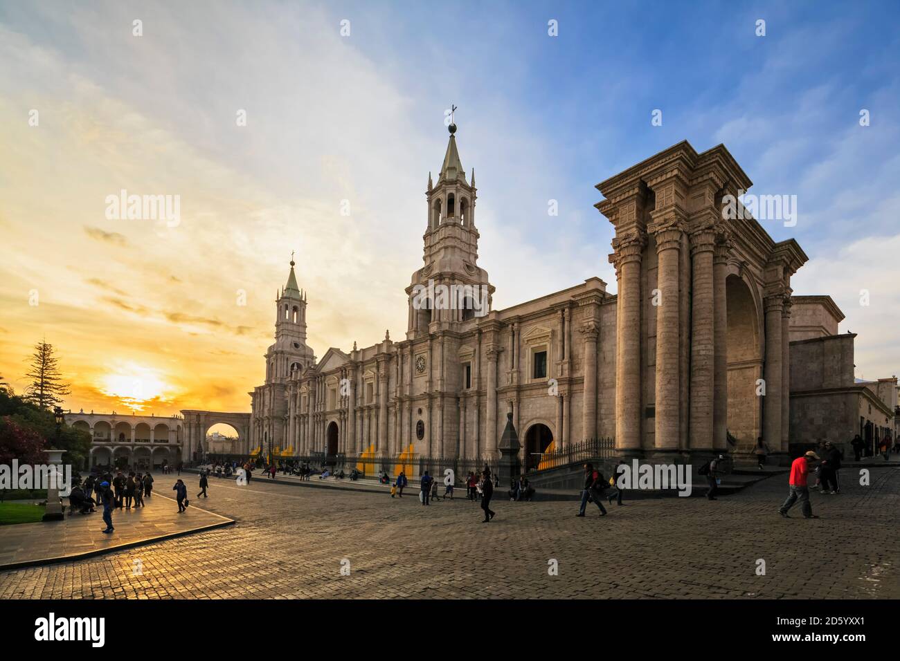 Peru, Arequipa, Plaza de Armas, cathedral at sunset Stock Photo